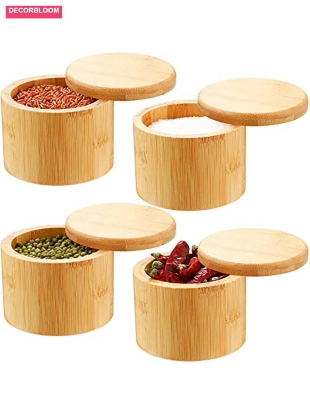 4 Pcs Bamboo Salt Cellar Spice Box with Magnetic Swivel Lid, Wooden Storage for